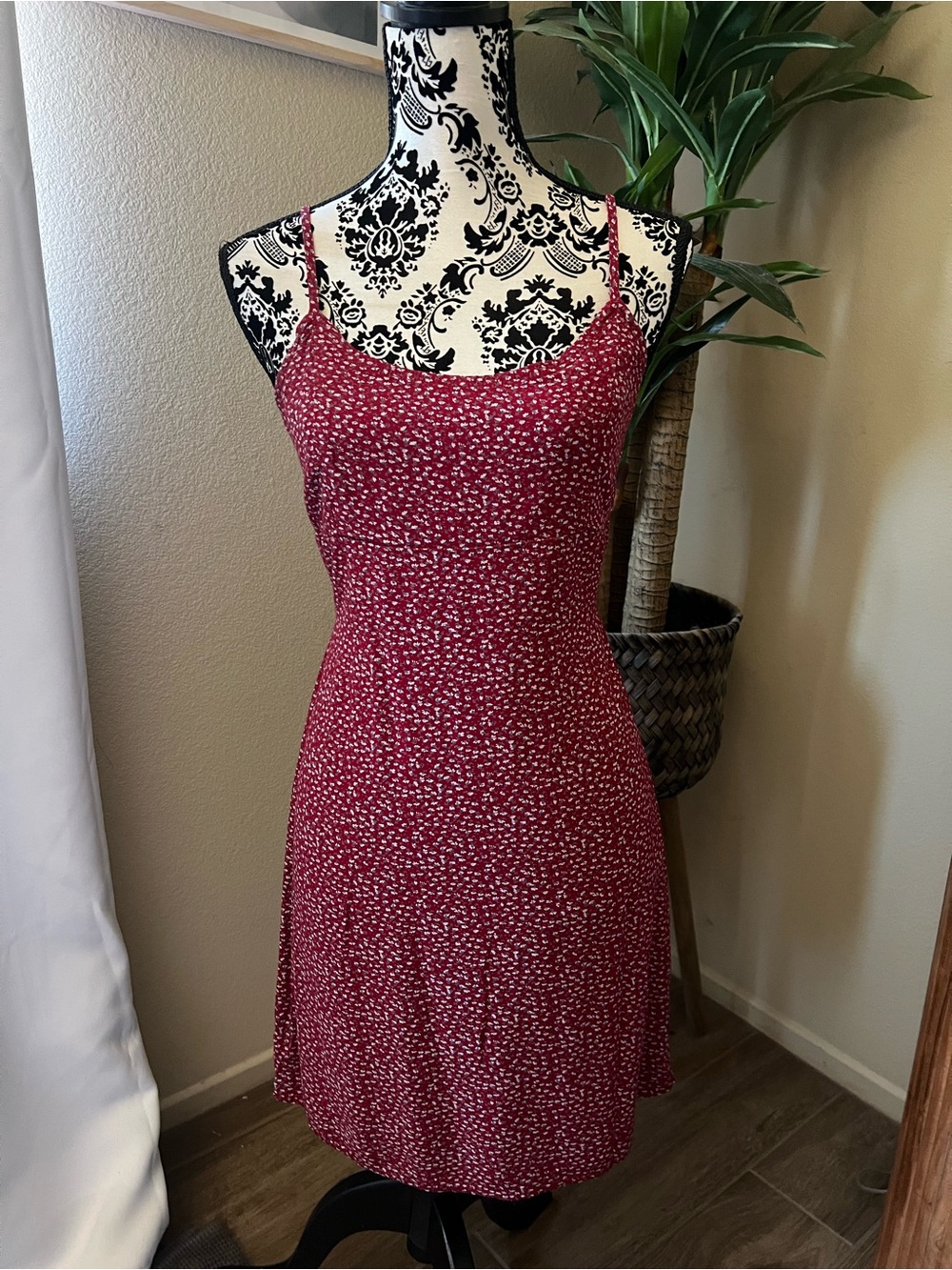 Brandy Melville Burgundy Red Mini Slip Dress with White Ditsy Print